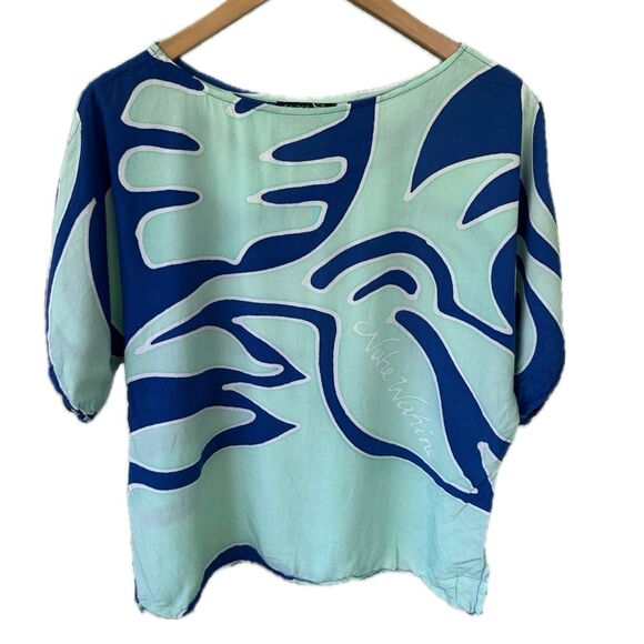 Nahe Wahine Hawaiian Watercolor Batik Mint Blue Flowy Cold Shoulder Blouse XS - Picture 1 of 6